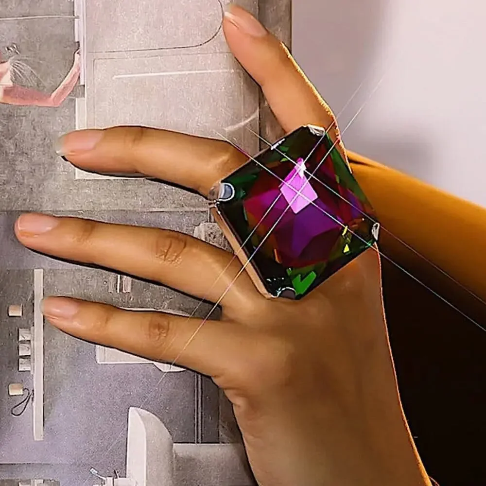 Exaggerated Mystic Fire Silver Crystal Stone Cocktail Ring